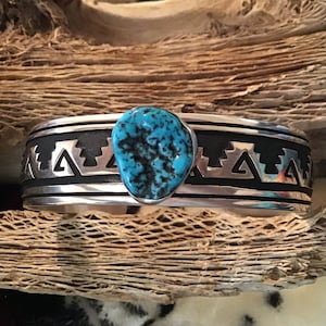 SIGNED Vintage Native America Indian Jewelry Navajo Bracelet Cuff Zuni Sterling Silver Sleeping Beauty Turquoise Bracelet Cuff Southwestern