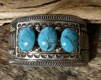 SIGNED Vintage Native America Indian Jewelry Navajo Bracelet Cuff Sterling Silver Genuine RARE Sleeping Beauty Turquoise Southwestern