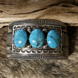 SIGNED Vintage Native America Indian Jewelry Navajo Bracelet Cuff Sterling Silver Genuine RARE Sleeping Beauty Turquoise Southwestern