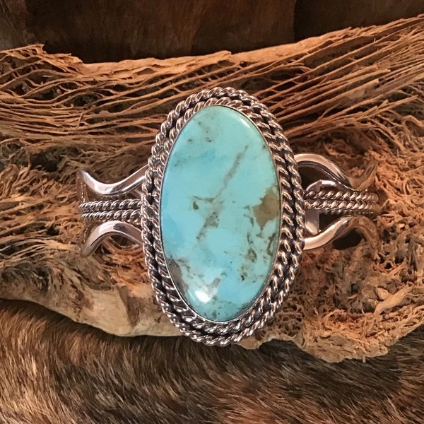 SIGNED Vintage Authentic Native America Indian Jewelry Sterling Silver RARE #8 Turquoise Navajo Cuff Bracelet Southwestern