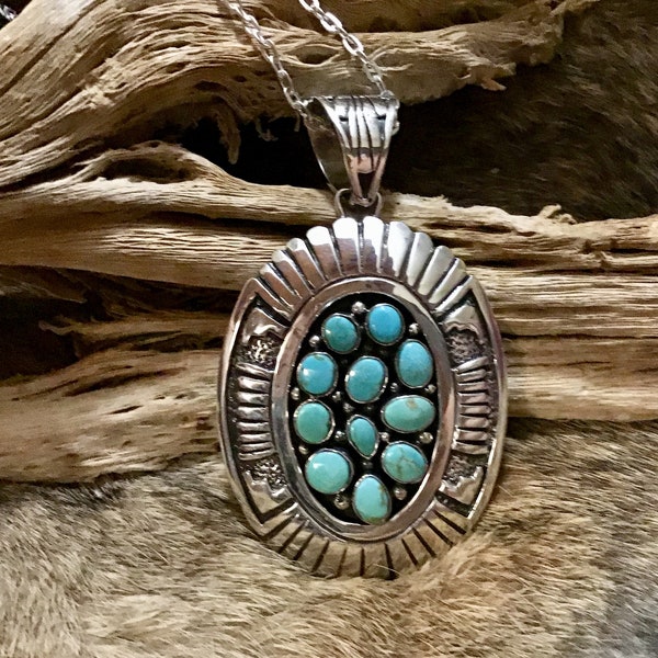 SIGNED VERY HEAVY Authentic Native America Indian Jewelry Navajo Zuni Tribe Sterling Silver Necklace Southwestern Turquoise