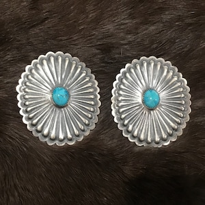 SIGNED Vintage Native America Indian Jewelry Navajo Zuni Sterling Silver Genuine Sleeping Beauty Turquoise  Concho Earrings Southwestern Art