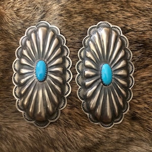 SIGNED Vintage Native America Indian Jewelry Navajo Zuni Sterling Silver Genuine Sleeping Beauty Turquoise  Concho Earrings Southwestern Art