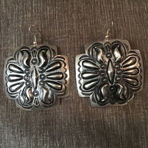 SIGNED Vintage Native America Indian Jewelry Navajo Zuni Sterling Silver Concho Cross Earrings Southwestern Art