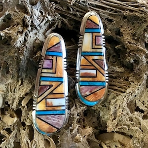 Vintage Native America Indian Jewelry Earrings Zuni Tribe Sterling Silver Turquoise Purple Spiny Oyster Inlaid Navajo Earrings Southwestern