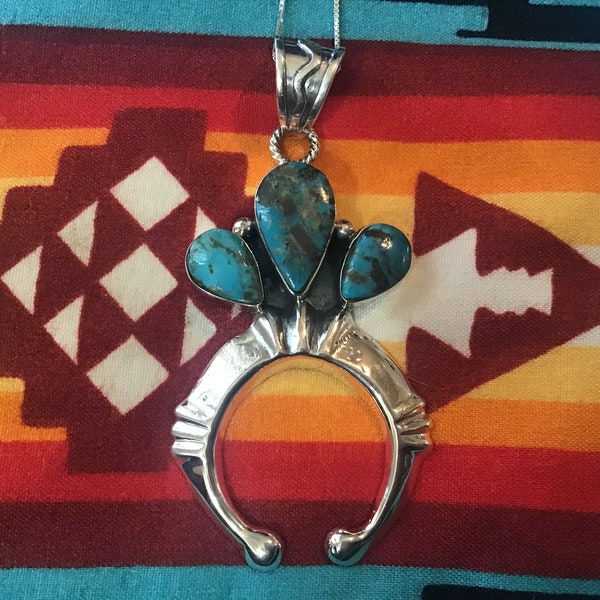 Vintage Native American Indian Jewelry Zuni Sterling Silver Navajo Naja Squash Blossom Morenci Turquoise Necklace Pendant Southwestern