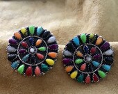 Vintage Native America Indian Jewelry Earrings Sterling Silver Spiny Oyster Zuni Petit Point Needlepoint Earrings Southwestern