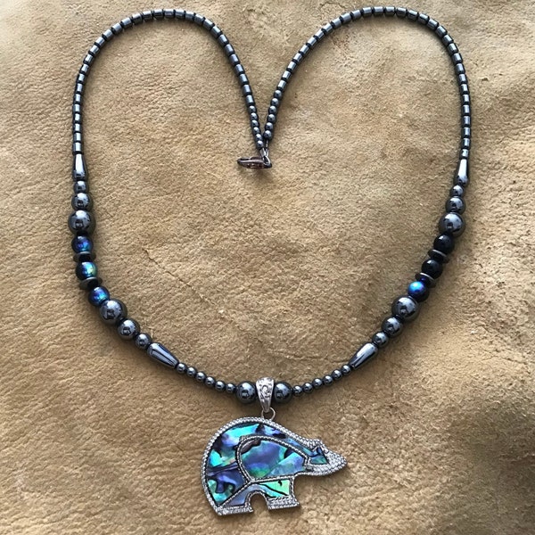 Authentic Native American Indian Jewelry Silver Hematite Navajo Sea Opal Abalone Bear Necklace Southwestern Jewelry Zuni