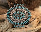 SIGNED Authentic Native America Indian Jewelry Sterling Silver Sleeping Beauty Turquoise Zuni Petit Point Needlepoint Cuff Southwestern