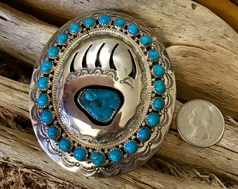 SIGNED Authentic Vintage Native America Indian Navajo Zuni Sterling Silver RARE Sleeping Beauty Turquoise Bear Claw Belt Buckle Southwestern