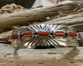 SIGNED Vintage Native America Indian Jewelry Navajo Bracelet Cuff Zuni Sterling Silver Red Coral Petit Point Southwest Native American Art