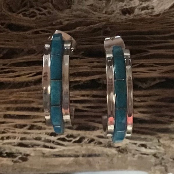 SIGNED Authentic Native America Indian Jewelry Navajo Earrings Sterling Silver Morenci Turquoise Hoop Earrings Southwestern Jewelry