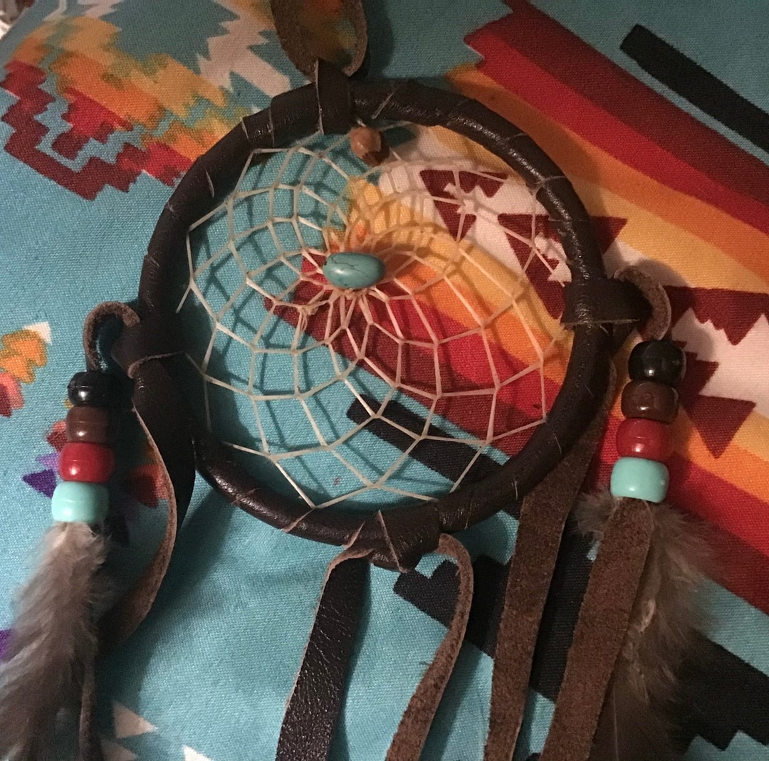 Native America Indian Navajo Dream Catcher Turquoise Feathers Beaded ...