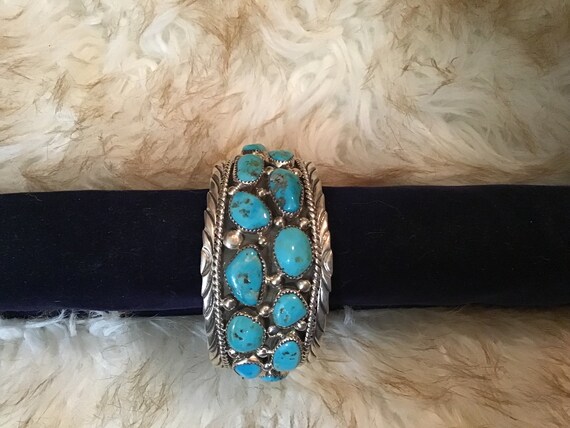 Authentic Vintage Native American Navajo Turquoise Inlay Sterling Silver Bracelet Authentic Vintage Native American Navajo Turquoise Inlay Sterling Silver Bracelet