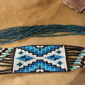 Native America Indian Jewelry Zuni Hopi Sterling Silver Navajo Beaded Rug Necklace Southwestern Jewelry Handcrafted Petit Point Turquoise