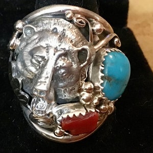 SIGNED Vintage Native America Indian Jewelry Bear Sterling Silver RARE Sleeping Beauty Harley Biker Gift for Him Navajo Ring Southwestern