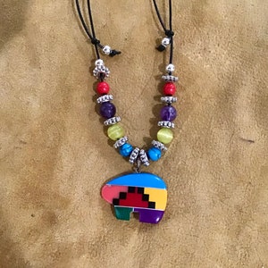 Authentic Native America Indian Jewelry Navajo Zuni Turquoise Multicolor Bear Necklace Southwestern Jewelry