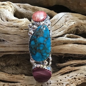 SIGNED Authentic Vintage Native America Indian Jewelry Navajo Bracelet Cuff Sterling Silver Turquoise Orange Spiny Oyster Southwestern