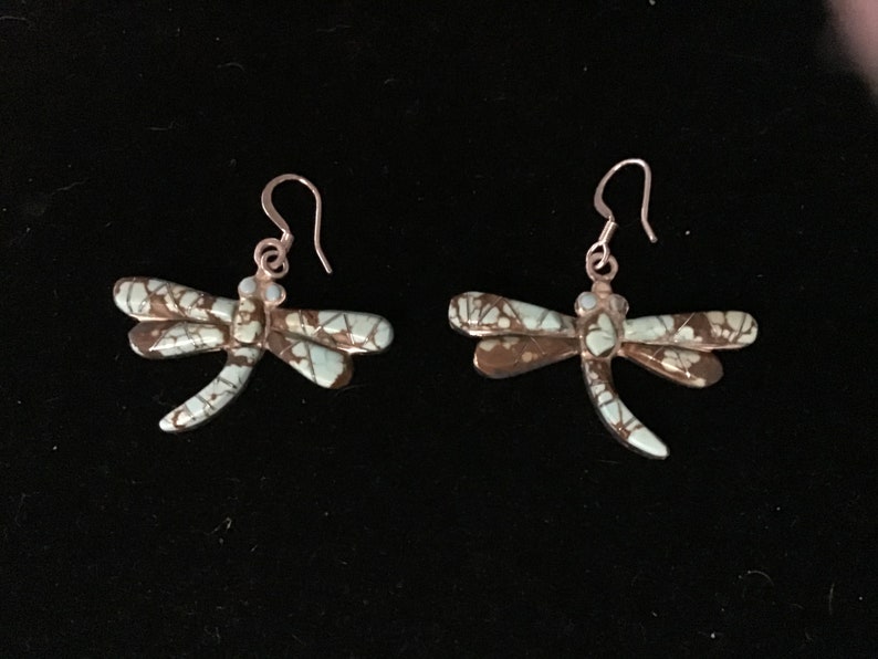 Reversible Vintage Native American Earrings Navajo Sterling Silver RARE NEVADA TURQUOISE Dragonfly Dangle Earrings Southwestern Jewelry