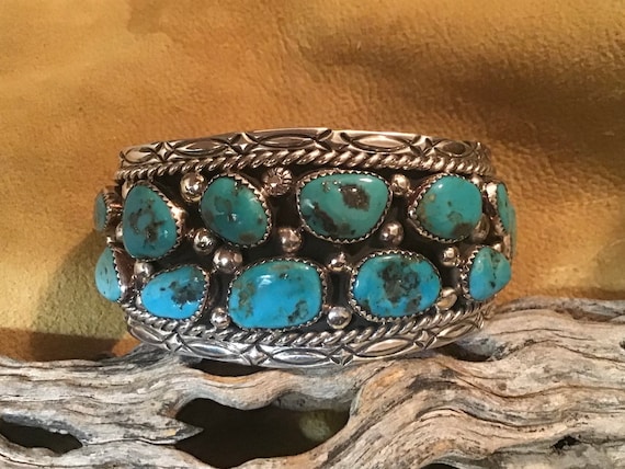 Authentic Vintage Native American Navajo Turquoise Inlay Sterling Silver Bracelet Authentic Vintage Native American Navajo Turquoise Inlay Sterling Silver Bracelet