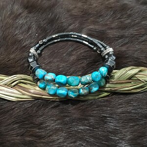 Authentic Navajo Wrap Bracelet - Natural Turquoise & Hematite, Adjustable Native American Handmade Jewelry