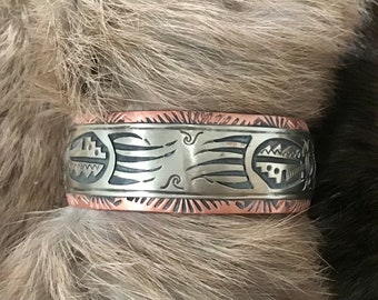 SIGNED Native America Indian Jewelry Navajo Sterling Silver Cooper Bracelet Cuff Southwestern Jewelry Spirit Bear Claw