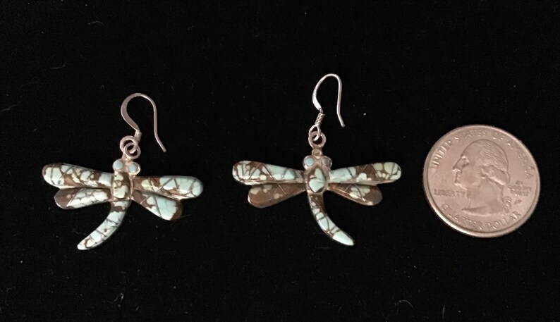 Reversible Vintage Native American Earrings Navajo Sterling Silver RARE NEVADA TURQUOISE Dragonfly Dangle Earrings Southwestern Jewelry