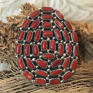 SIGNED Vintage Native America Indian Jewelry Navajo Zuni Petit Point Sterling Silver Red Coral Ring Statement Ring Southwestern Petit Point