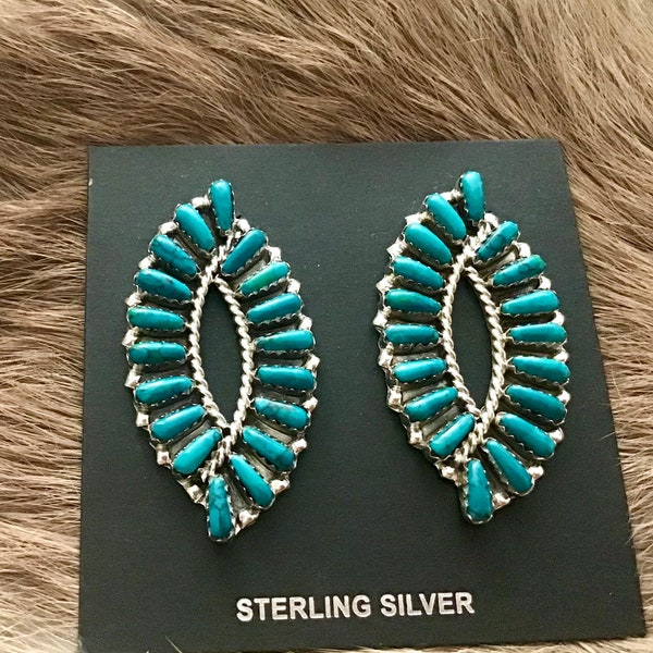 SIGNED Authentic Native American Indian Jewelry Navajo Earrings Sterling Silver Chrysocolla Zuni Petit Point Needlepoint Southwestern