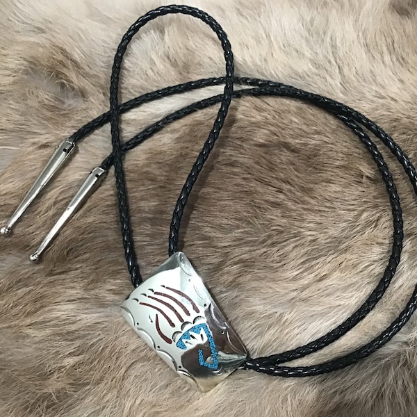 SIGNED Vintage Authentic Native American Indian Jewelry Navajo Zuni German Silver Red Coral Turquoise Bear Claw Bolo Tie Native America