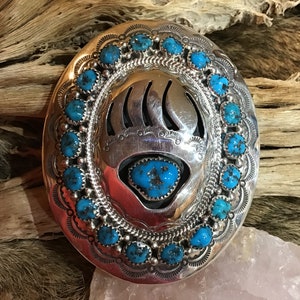 FIRMATO Autentico Vintage Nativa America Indiano Navajo zuni Sterling Argento RARE Dormire Bellezza Turquoise Orso Artiglio Claw Buckle Southwestern