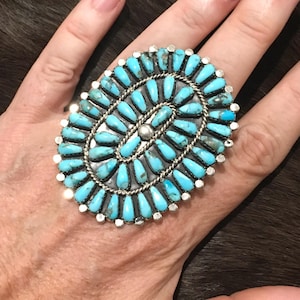 SIGNED Vintage Native America Indian Navajo Zuni Petit Point Sterling Silver Sleeping Beauty Turquoise Ring Southwest Jewelry Needlepoint