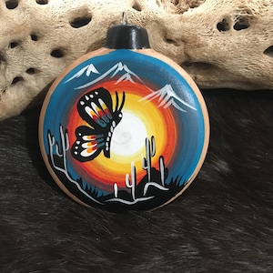 SIGNED Authentic Native American Indian Navajo Hand Painted Pottery Christmas Ornament Butterfly Southwestern Navajo Sacred Symbols