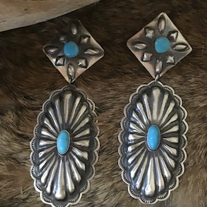 SIGNED Vintage Native America Indian Jewelry Navajo Hand Stamped Sterling Silver Earrings Southwestern Navajo Earrings Sleeping Beauty