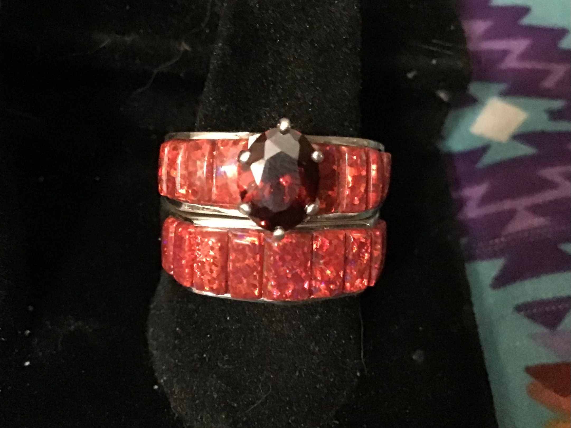 Dynamic Native American Zuni Red Fire Opal Sterling Silver Bracelet And Ring Set Signed Dynamic Native American Zuni Red Fire Opal Sterling Silver Bracelet And Ring Set Signed