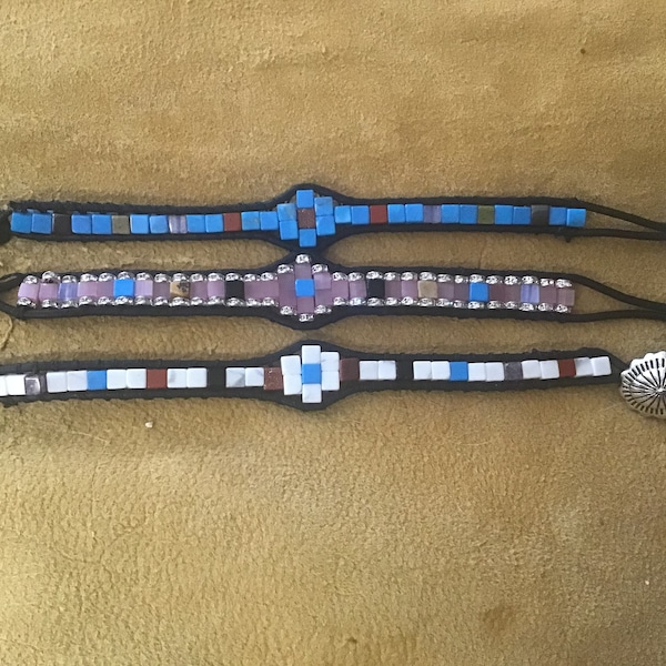 Native America Indian Jewelry Navajo Zuni Authentic White Buffalo Turquoise Concho Leather Bracelet Cuff Southwestern