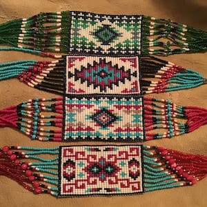 Native America Indian Jewelry Zuni Hopi Sterling Silver Navajo Beaded Rug Necklace Southwestern Jewelry Handcrafted Petit Point Turquoise