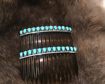 Vintage Native America Indian Jewelry Southwestern Navajo Zuni Hopi Hair Accessories Sleeping Beauty Turquoise Barrette Hair Clip Comb