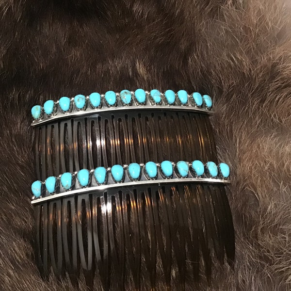Vintage Native America Indian Jewelry Southwestern Navajo Zuni Hopi Hair Accessories Sleeping Beauty Turquoise Barrette Hair Clip Comb
