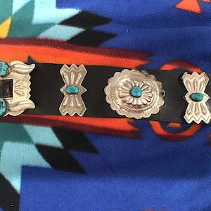 Authentic Vintage Native America Indian Navajo Zuni Handmade Old Pawn Sterling Silver Turquoise Concho Belt Southwestern