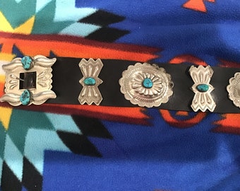 Authentique vintage indien navajo zuni fait main vieux pion en argent sterling turquoise concho ceinture sud-ouest