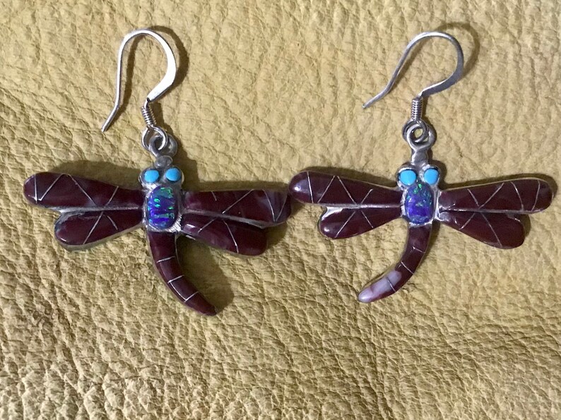 Reversible Vintage Native American Earrings Navajo Sterling Silver RARE NEVADA TURQUOISE Dragonfly Dangle Earrings Southwestern Jewelry