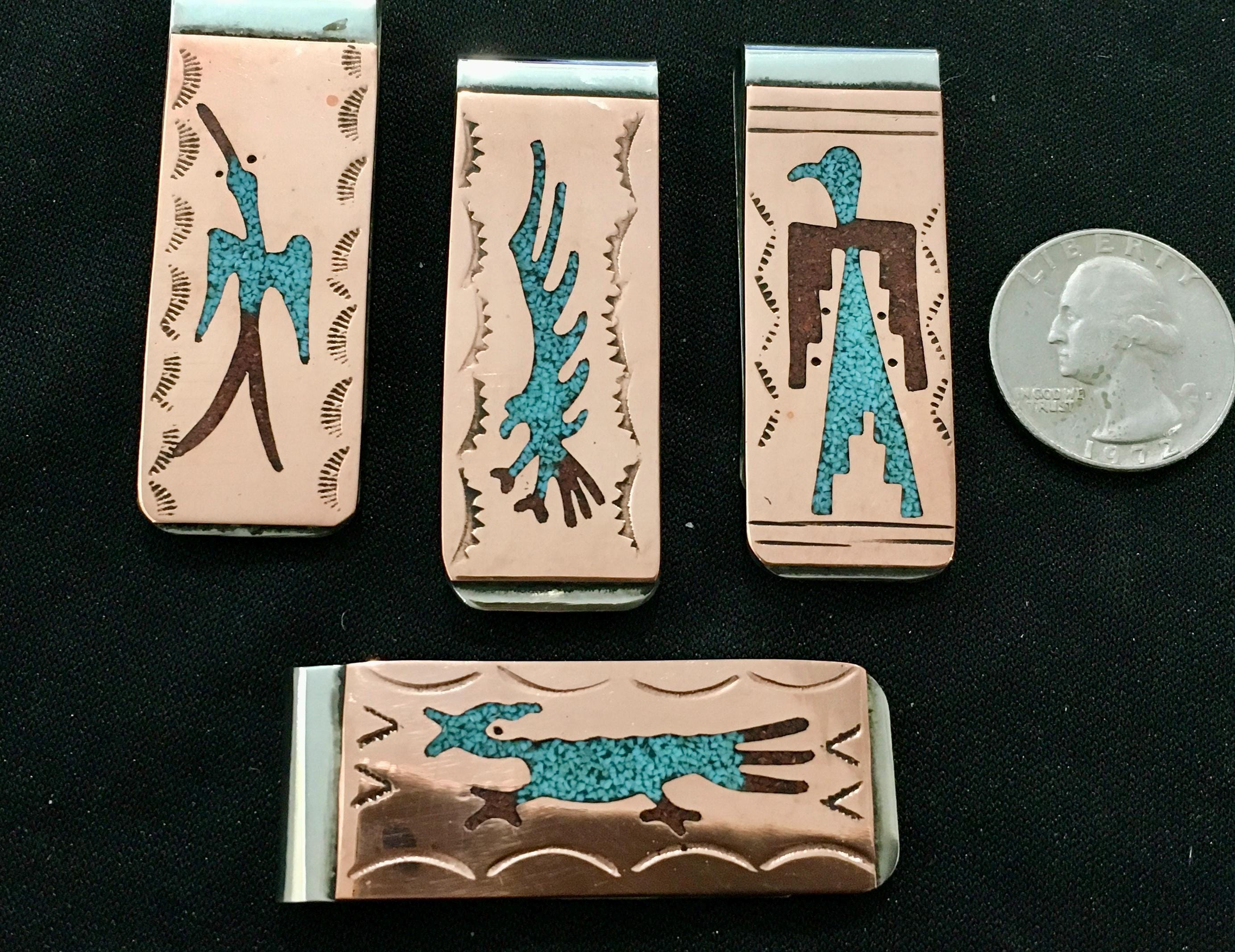 SIGNED Native American Indian Navajo Turquoise Red Coral Copper Money ...