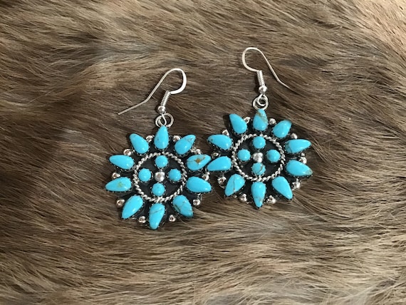 Remarkable Native American Zuni Sleeping Beauty Turquoise Sterling Silver Signed Earrings Remarkable Native American Zuni Sleeping Beauty Turquoise Sterling Silver Signed Earrings