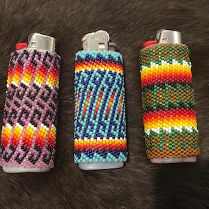 Native American Indian Jewelry Navajo Peyote Stitch Wrapped Hand Beaded Cigarette Lighter Case Cover Southwestern Art