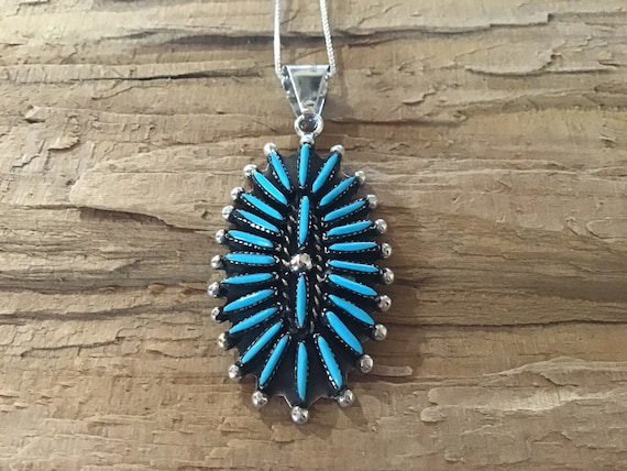 Unique Vintage Native American Navajo Sleeping Beauty Turquoise Coral Petit Point Pendant Unique Vintage Native American Navajo Sleeping Beauty Turquoise Coral Petit Point Pendant