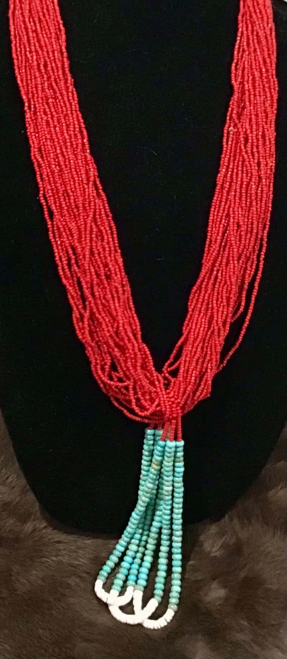 Vintage Native American Indian Jewelry Navajo Zuni Hand Beaded Red