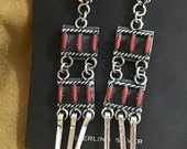 Native America Indian Jewelry Earrings Zuni Red Coral Sterling Silver Zuni Petit Point Needlepoint Earrings Southwestern