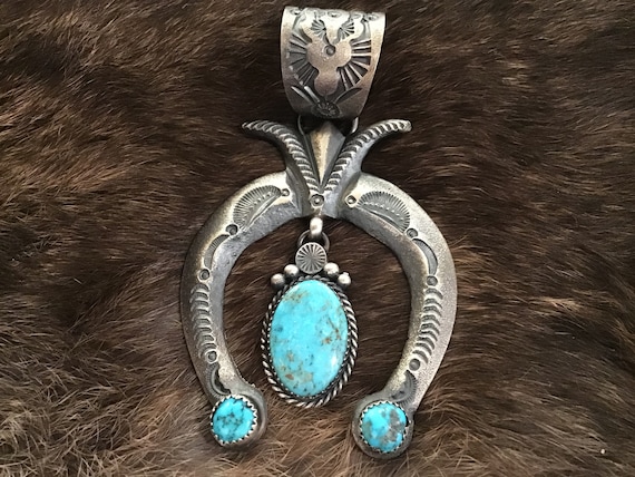 Rare Vintage Native American Navajo Gilber Turquoise Sterling Silver Naja Necklace Rare Vintage Native American Navajo Gilber Turquoise Sterling Silver Naja Necklace
