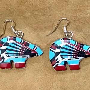 SIGNED Vintage Native America Indian Jewelry Navajo Zuni Sterling Silver Sleeping Beauty Turquoise Spirit Bear Dangle Earrings Art